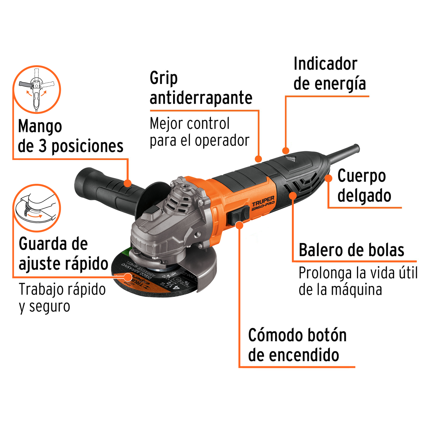 Esmeriladora angular de 950 W y  con interruptor de uso continuo