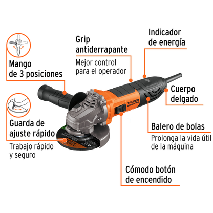 Esmeriladora angular de 950 W y  con interruptor de uso continuo