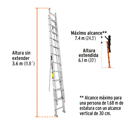 Escalera de extensión tipo II de 24 peldaños con sistema de polea y cuerda