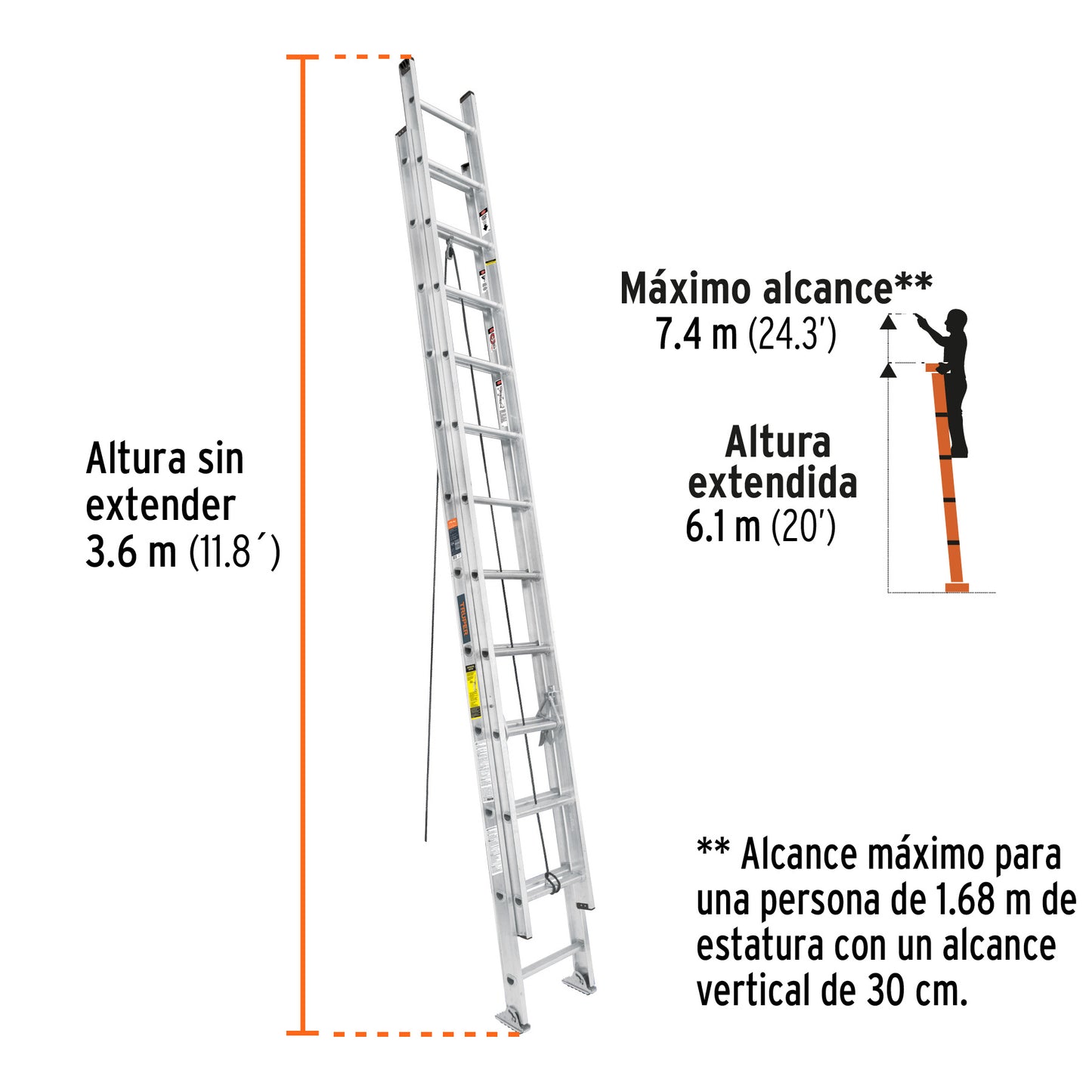 Escalera de extensión tipo III de 24 peldaños con polea y cuerda