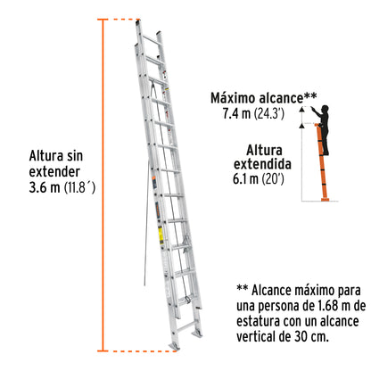 Escalera de extensión tipo III de 24 peldaños con polea y cuerda