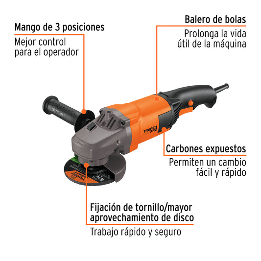 Esmeriladora angular de 4-1/2" y 1,300 W con interruptor tipo gatillo