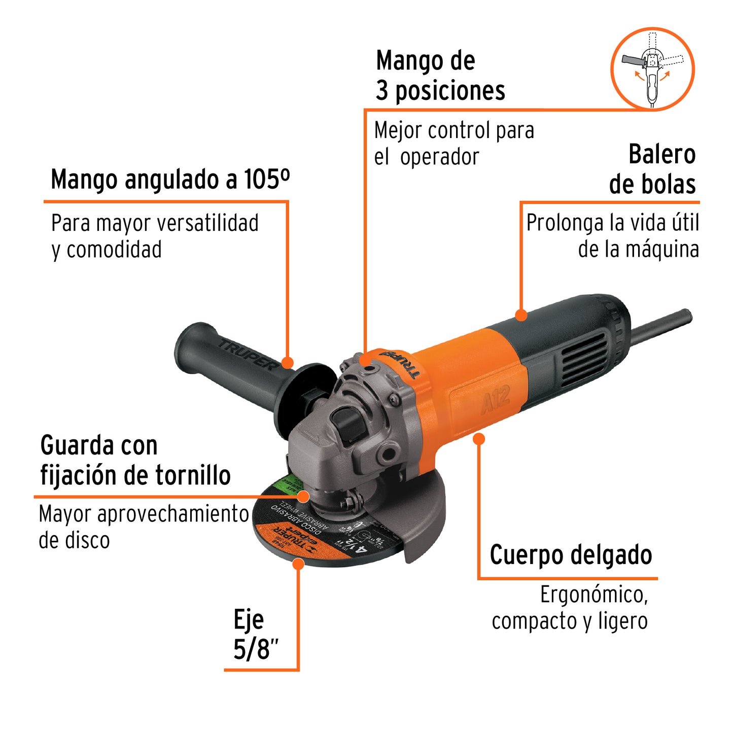 Esmeriladora angular de 700 W y con interruptor de uso continuo