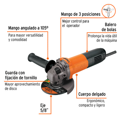 Esmeriladora angular de 800 W y con interruptor de uso continuo