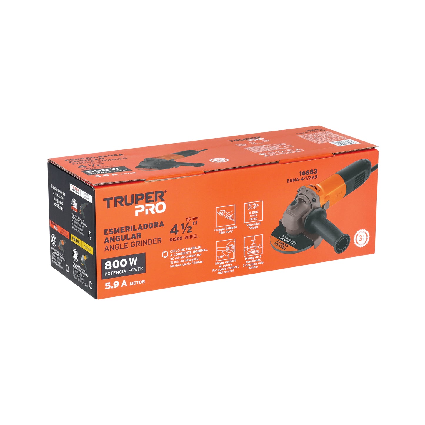 Esmeriladora angular de 800 W y con interruptor de uso continuo