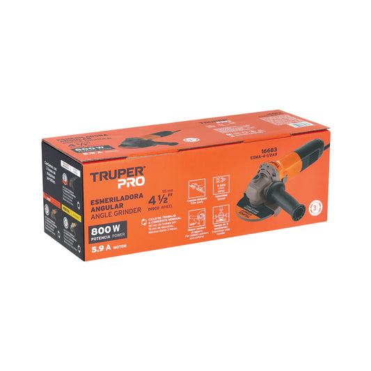 Esmeriladora angular de 800 W y con interruptor de uso continuo