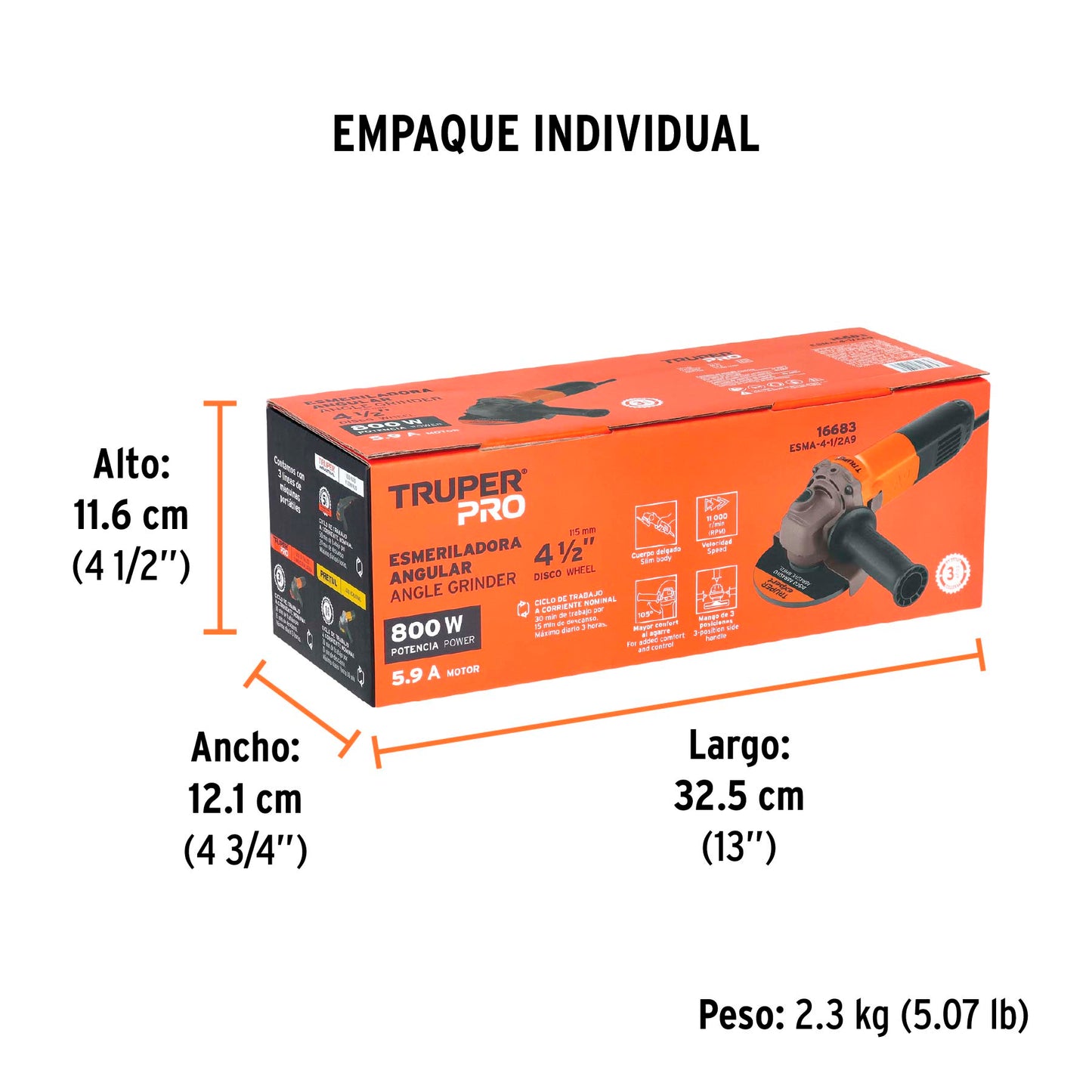 Esmeriladora angular de 800 W y con interruptor de uso continuo
