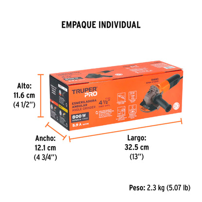 Esmeriladora angular de 800 W y con interruptor de uso continuo
