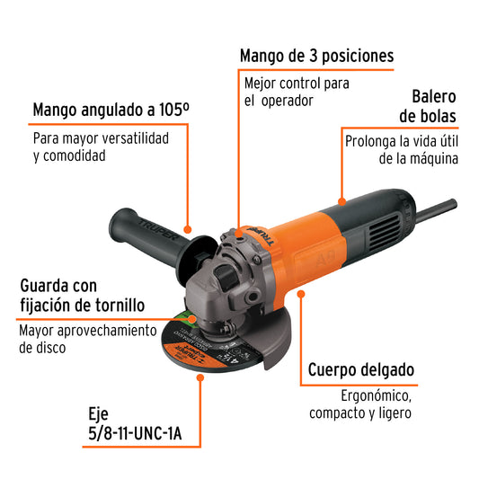 Esmeriladora angular de 4-1/2" y 800 W con diseño compacto
