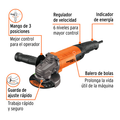 Esmeriladora angular de 1100 W ycon velocidad variable y uso continuo