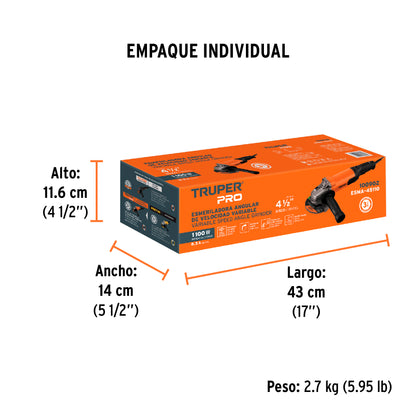 Esmeriladora angular de 1100 W ycon velocidad variable y uso continuo
