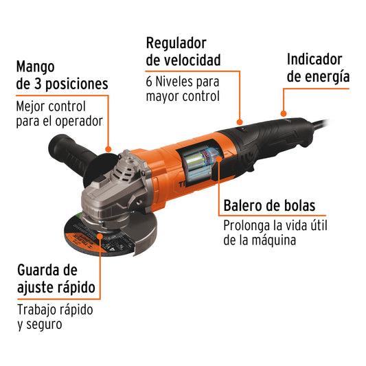 Esmeriladora angular de 4-1/2" y 1,100 W con 6 velocidades variables
