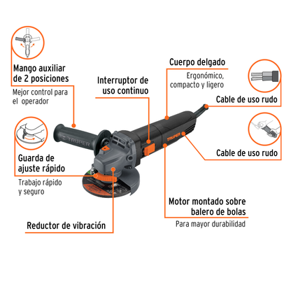 Esmeriladora angular de 850 W y  con interruptor de uso continuo