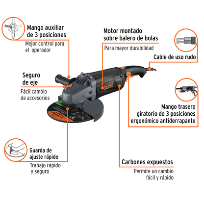 Esmeriladora angular de 2450 W y disco de 9 pulgadas con interruptor de uso continuo