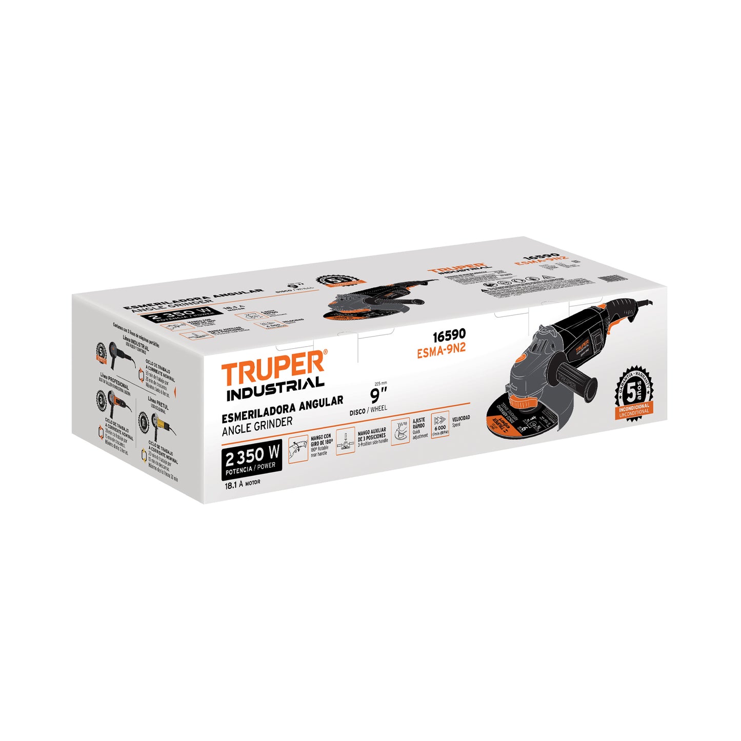 Esmeriladora angular de 2450 W y disco de 9 pulgadas con interruptor de uso continuo