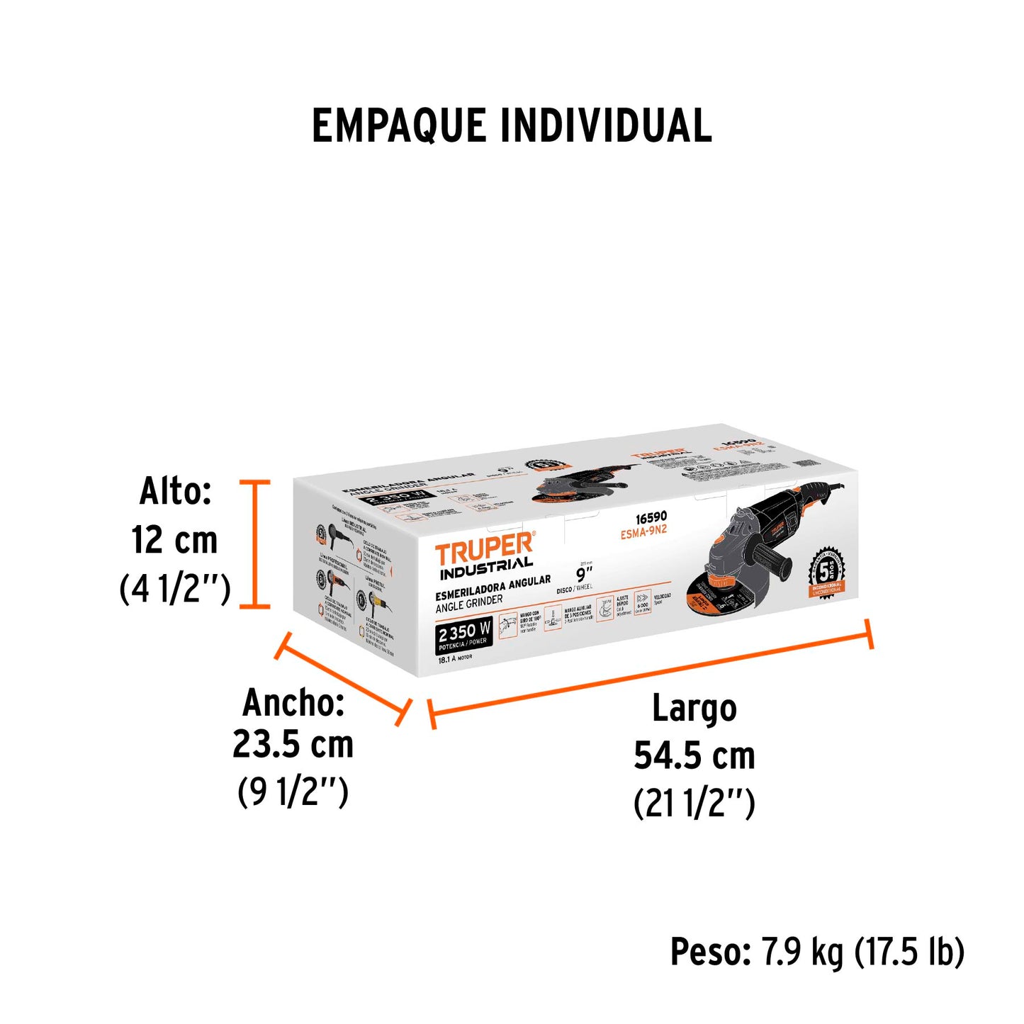 Esmeriladora angular de 2450 W y disco de 9 pulgadas con interruptor de uso continuo