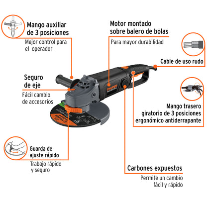 Esmeriladora angular de 2100 W y disco de 9 pulgadas con interruptor de uso continuo