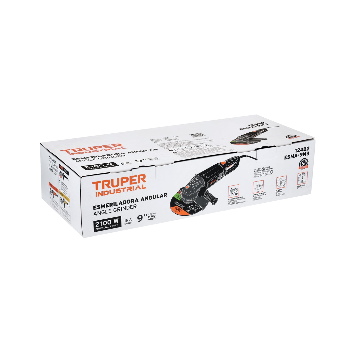 Esmeriladora angular de 2100 W y disco de 9 pulgadas con interruptor de uso continuo