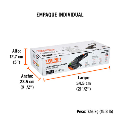 Esmeriladora angular de 2100 W y disco de 9 pulgadas con interruptor de uso continuo