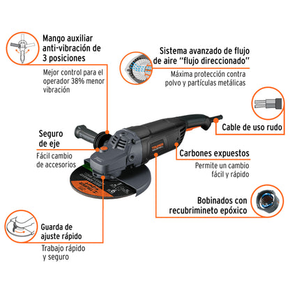 Esmeriladora angular de 2450 W y disco de 9 pulgadas con interruptor de uso continuo