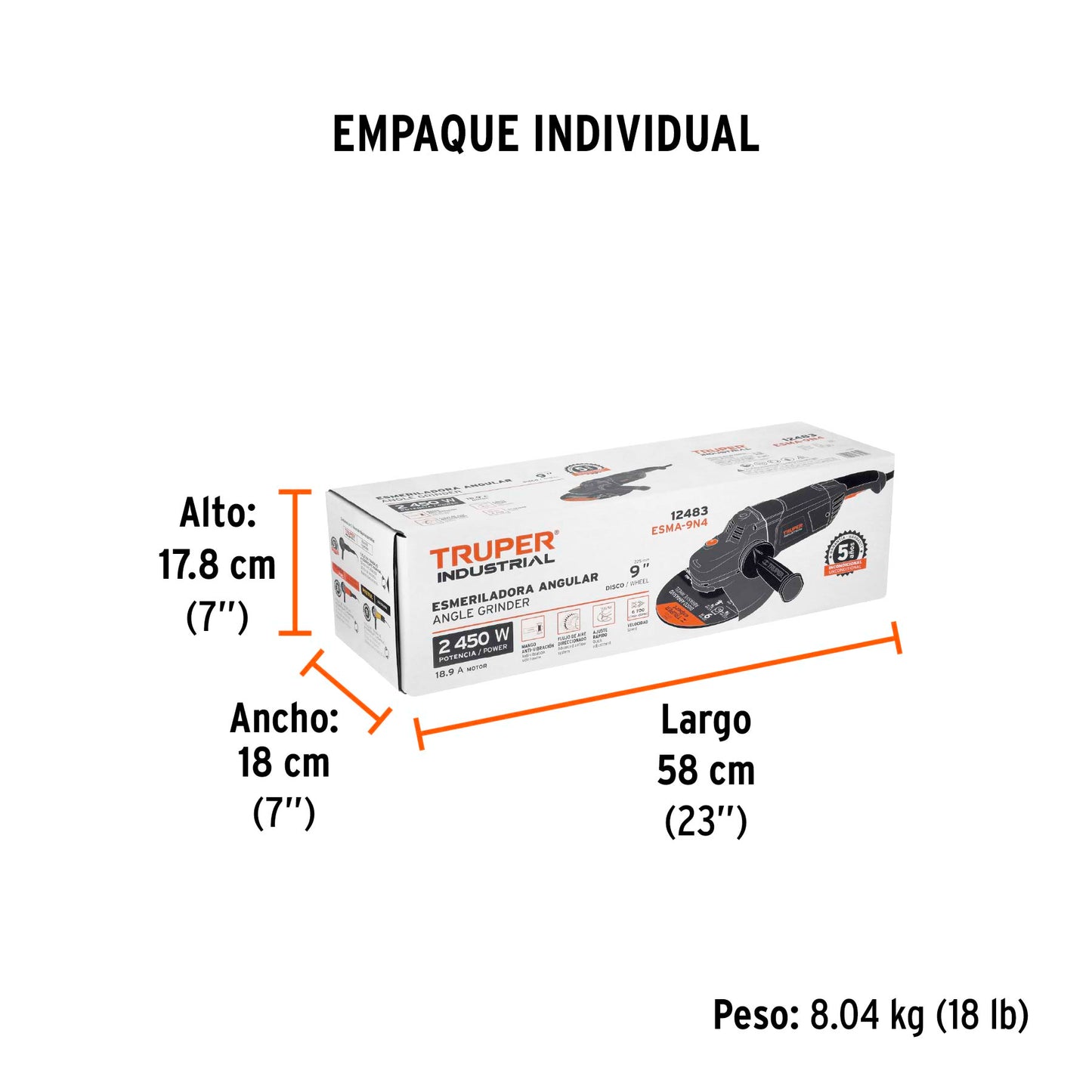Esmeriladora angular de 2450 W y disco de 9 pulgadas con interruptor de uso continuo