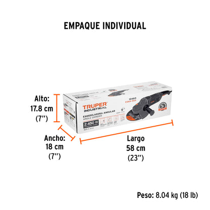 Esmeriladora angular de 2450 W y disco de 9 pulgadas con interruptor de uso continuo