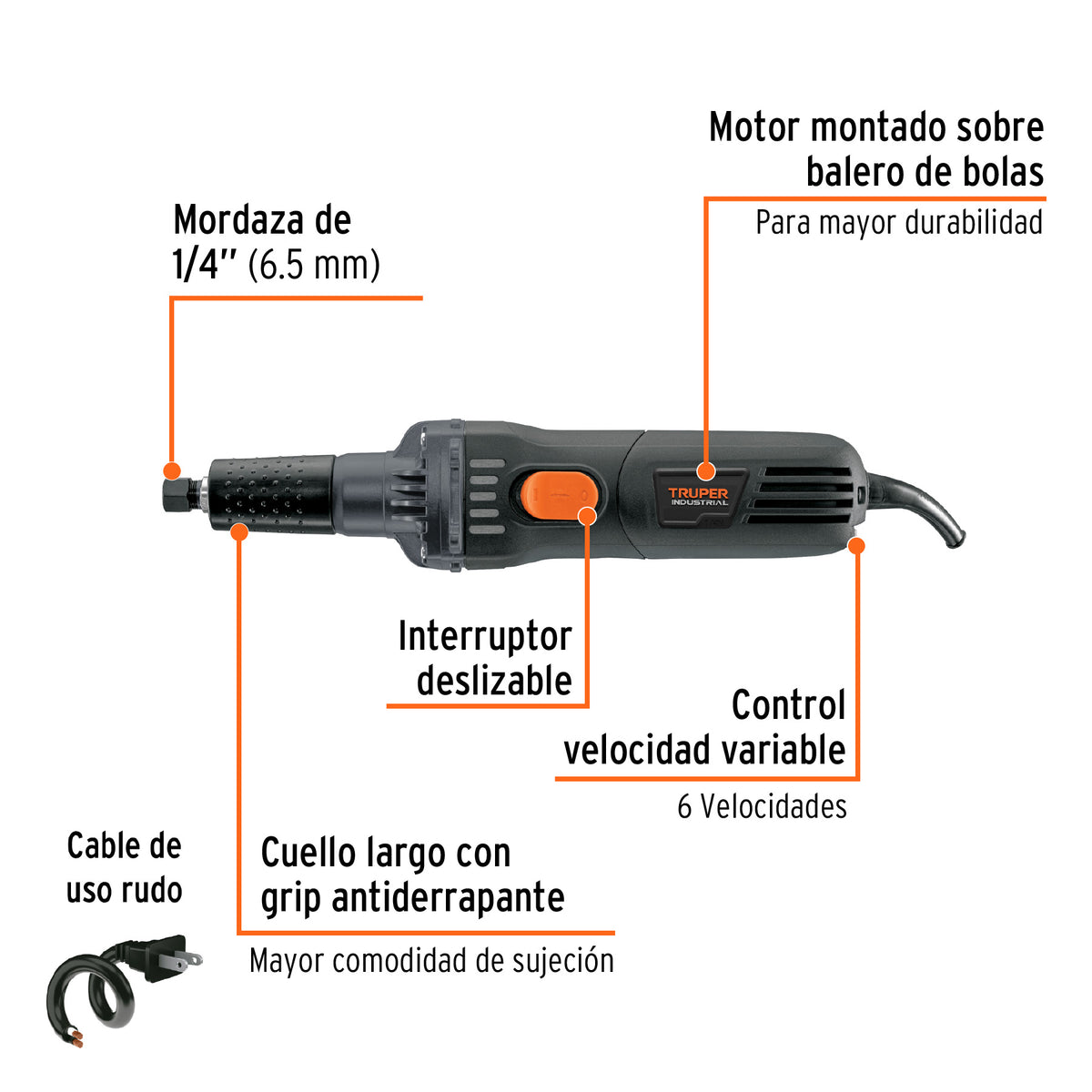 Rectificador (esmeril recto) de 1/4 pulg 600W INDUSTRIAL - SKU 16871