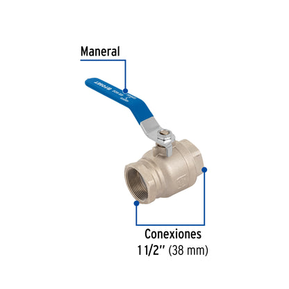 Válvula de esfera de latón roscable de 1 1/2 pulgadas alta presión con maneral de acero