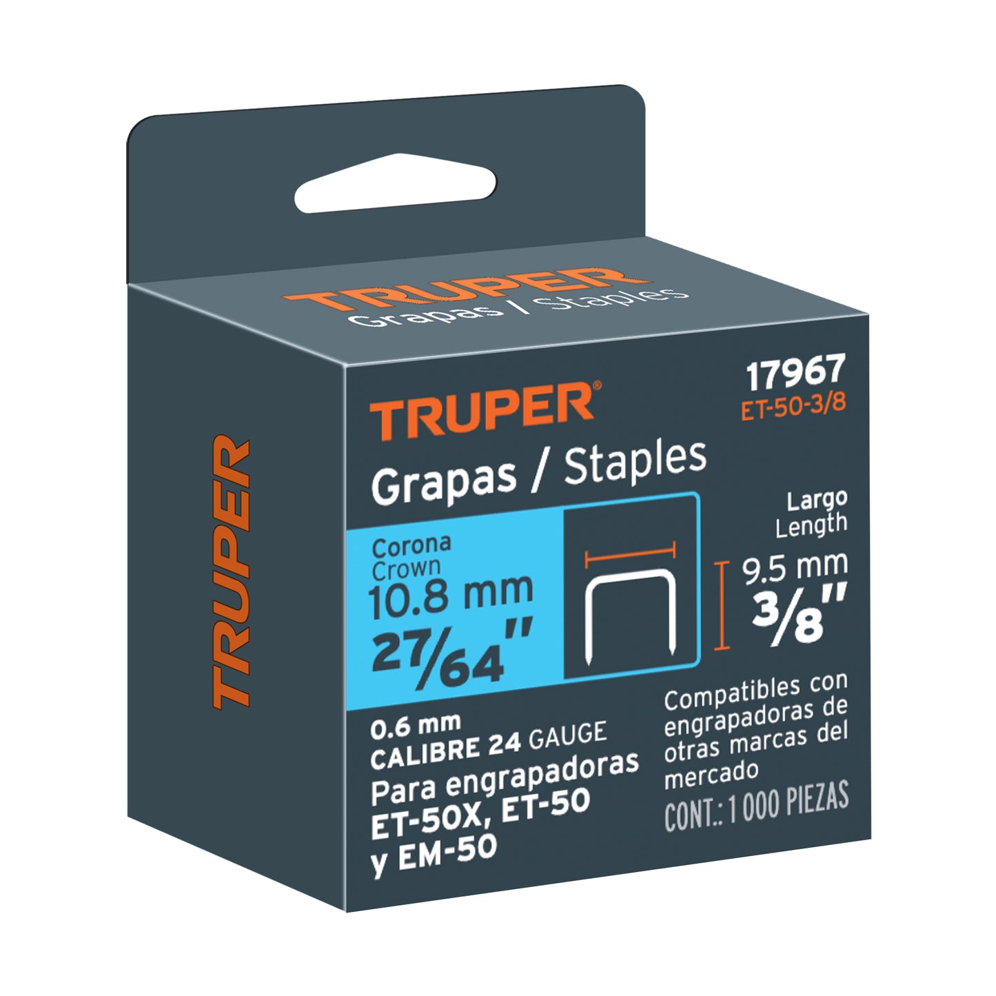 Grapas de 3/8 pulgadas con corona de 10.6 mm para engrapadoras tipo pistola y martillo
