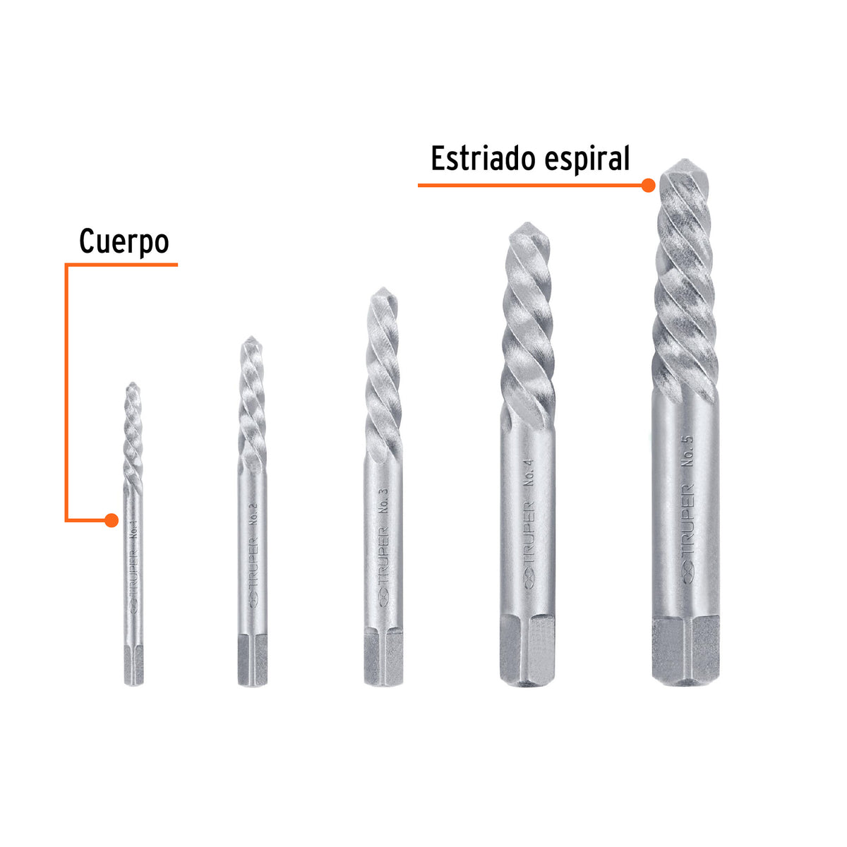 Juego 5 extractores espiral de tornillos