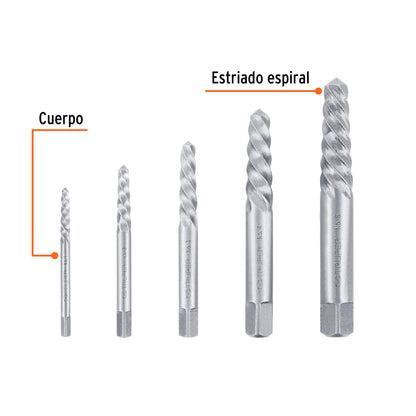Juego 5 extractores espiral de tornillos