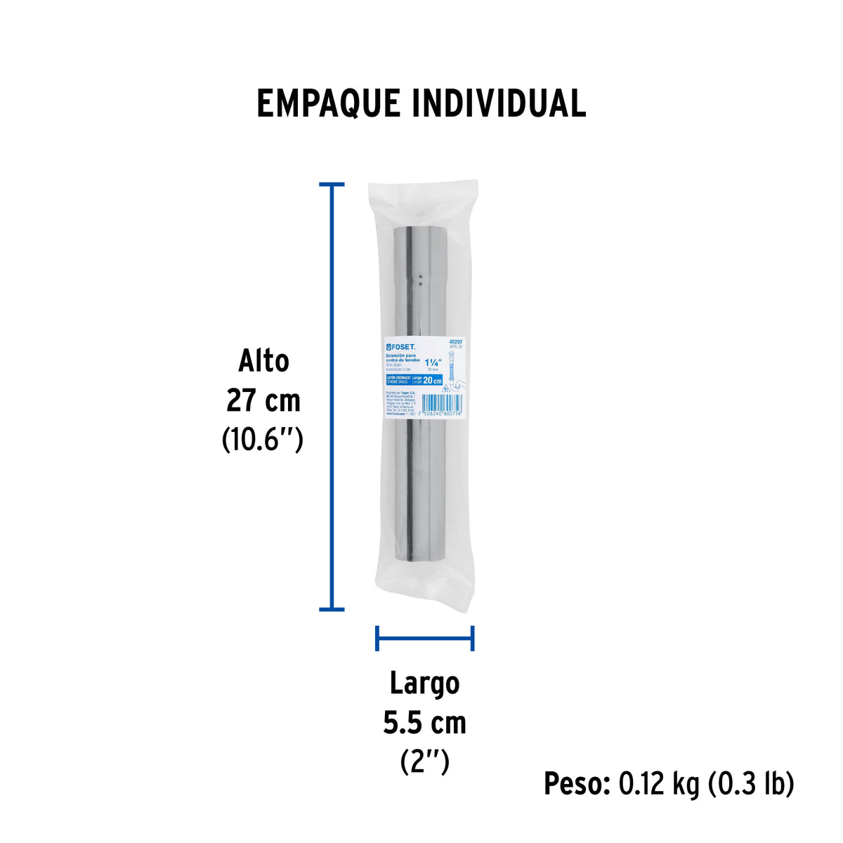 Extensión 20 cm latón cromado para contra de lavabo, 1-1/4" · vista 5