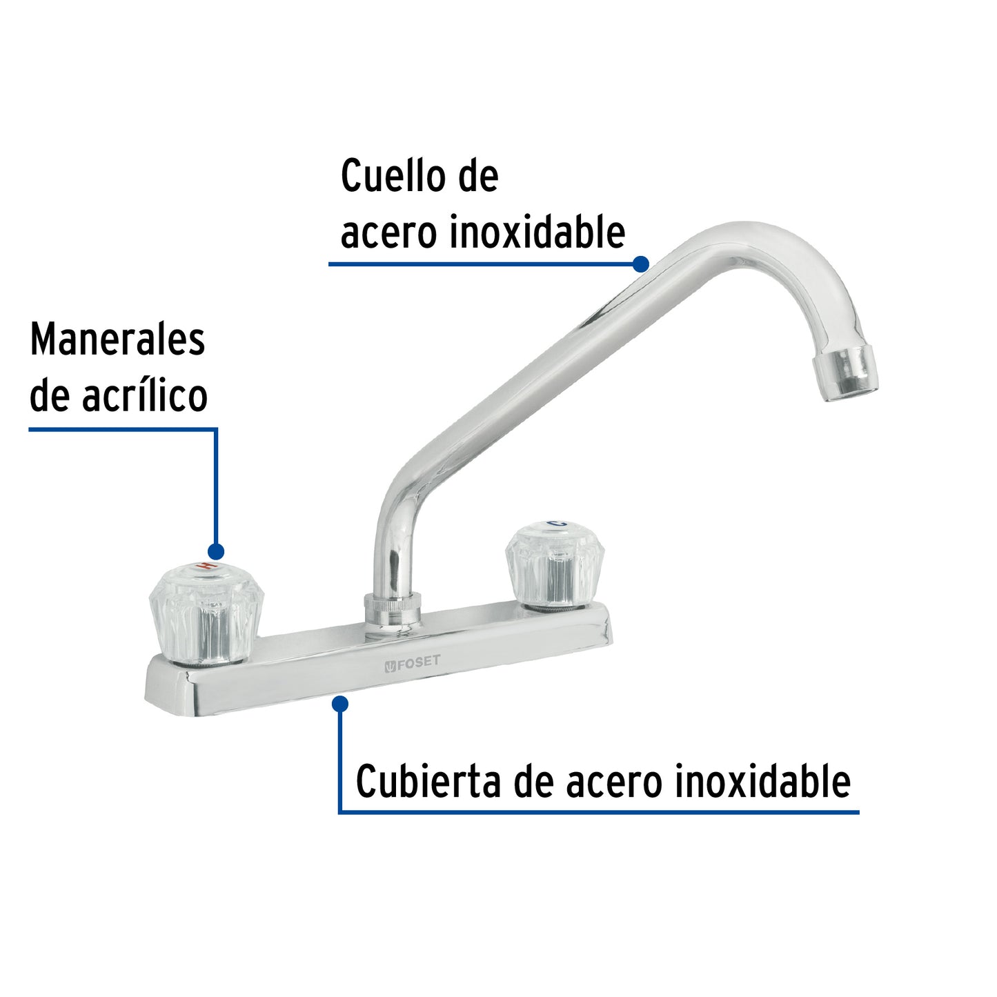 Mezcladora de 8" para fregadero con cuello largo y manerales acrílicos
