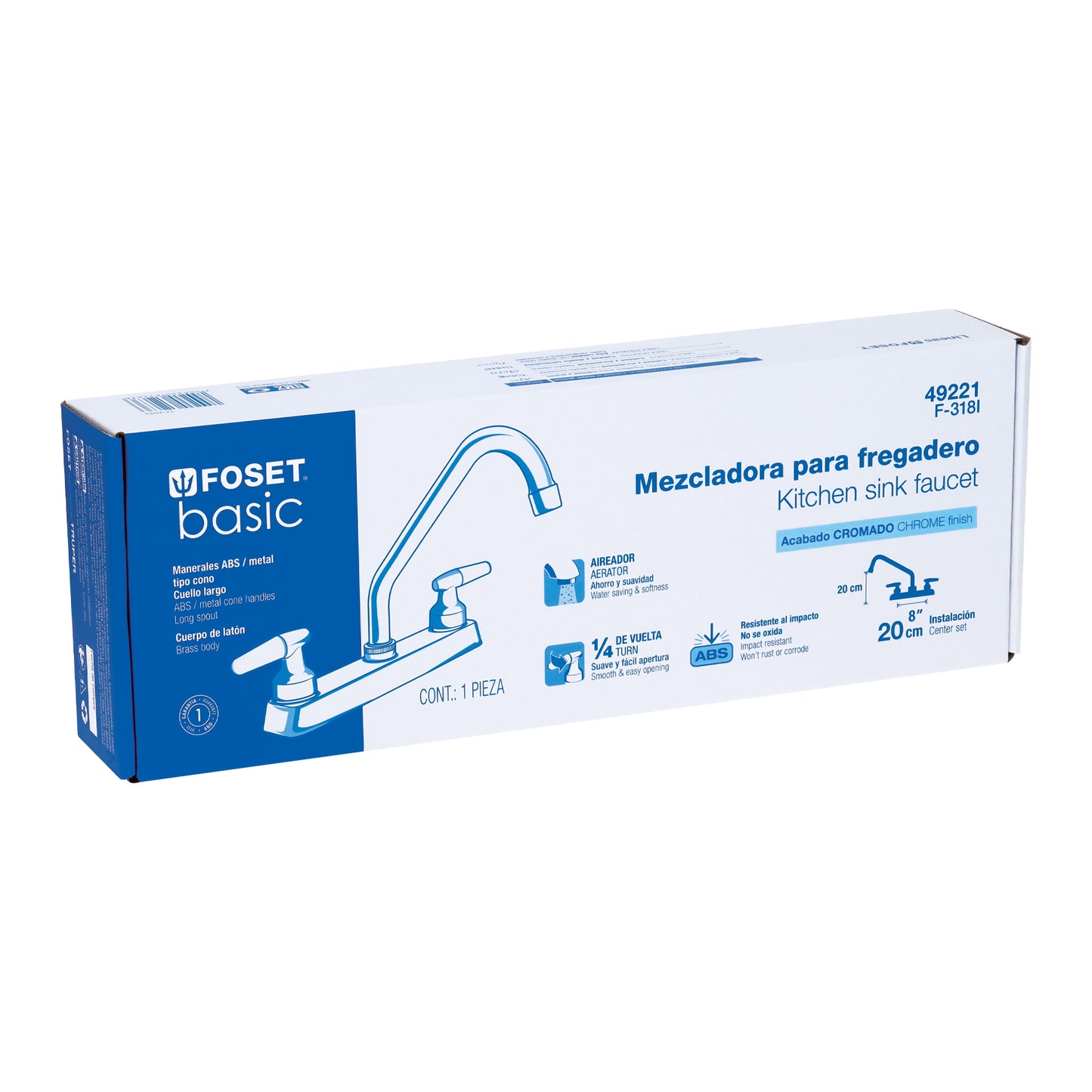 Mezcladora de 8" para fregadero con cuello largo y manerales tipo cono