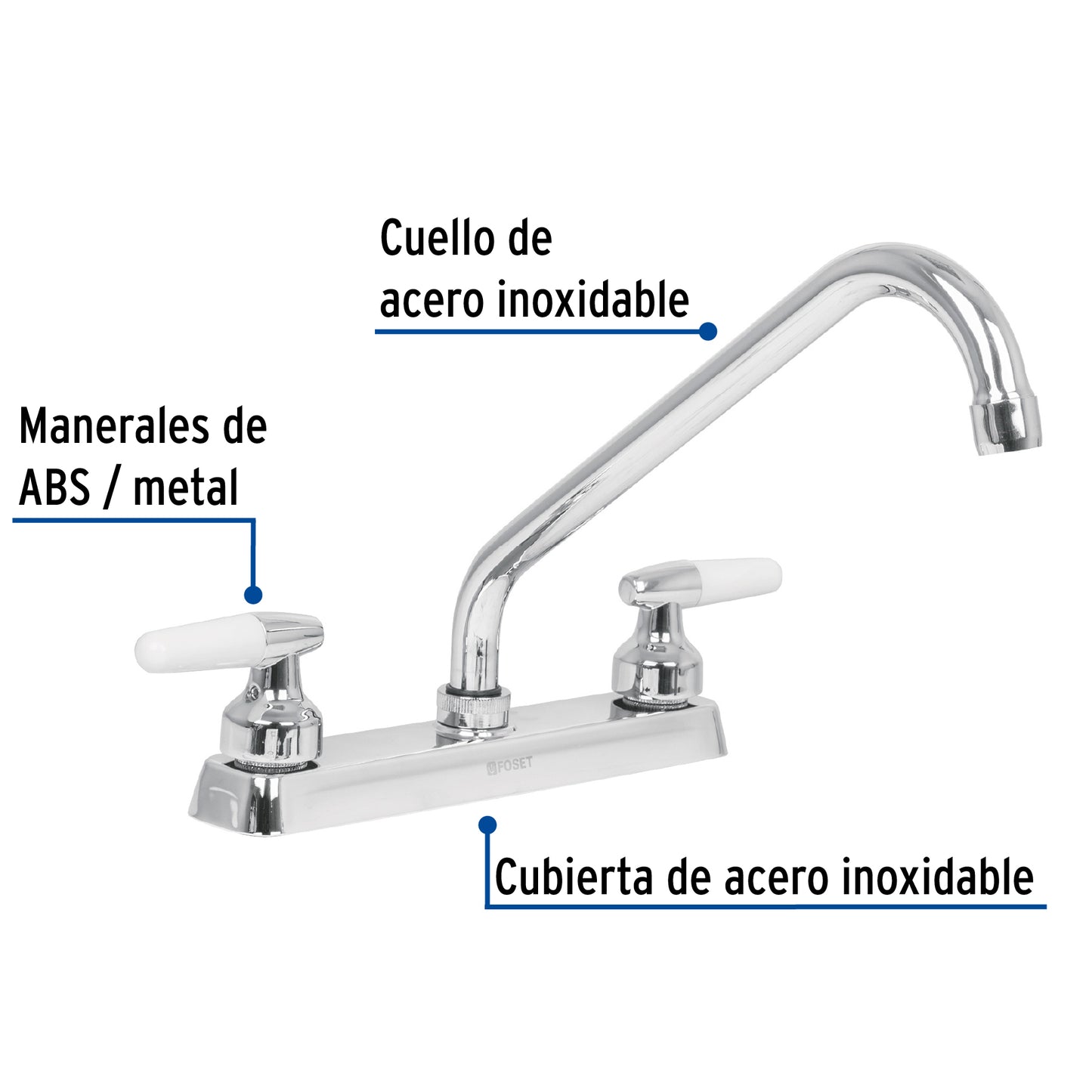 Mezcladora de 8" para fregadero con cuello largo y manerales tipo cono