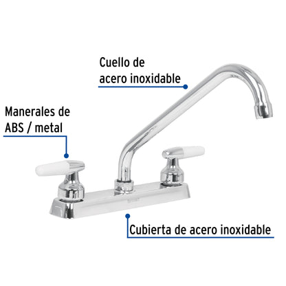 Mezcladora de 8" para fregadero con cuello largo y manerales tipo cono