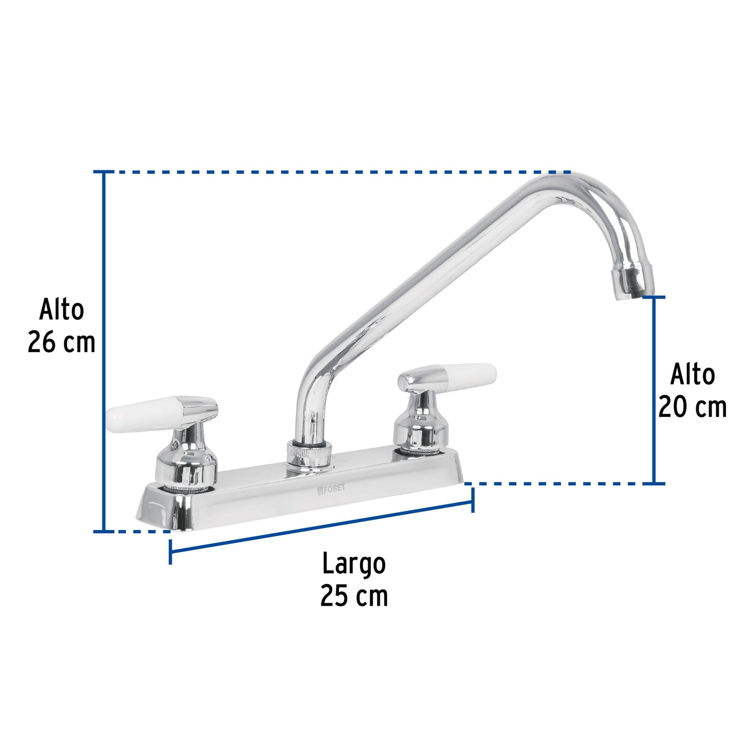 Mezcladora de 8" para fregadero con cuello largo y manerales tipo cono