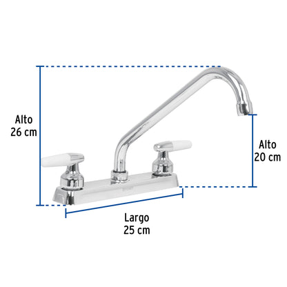 Mezcladora de 8" para fregadero con cuello largo y manerales tipo cono