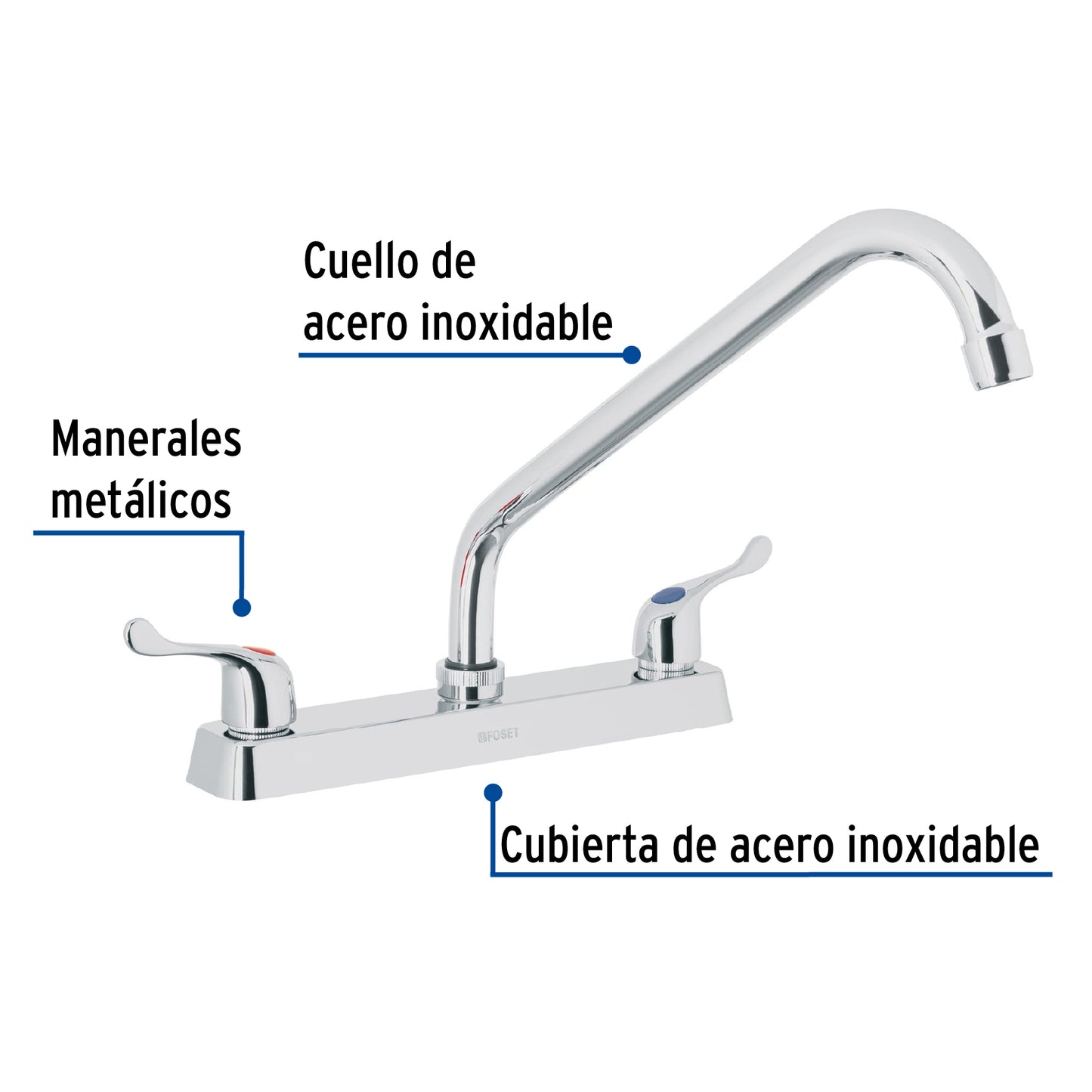 Mezcladora de 8" para fregadero con cuello largo y manerales tipo palanca