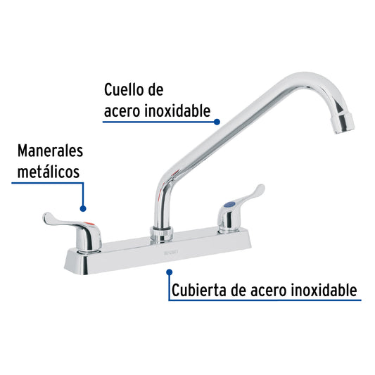 Mezcladora de 8" para fregadero con cuello largo y manerales tipo palanca