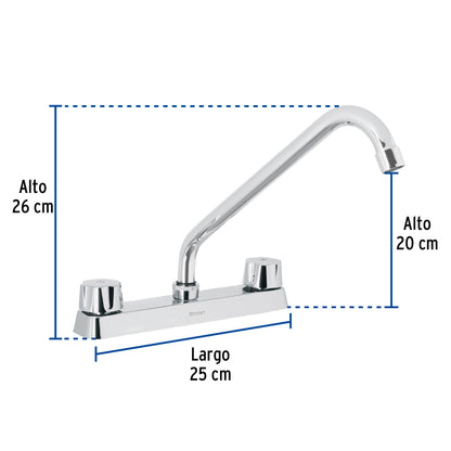 Mezcladora de 8" para fregadero con cuello largo y manerales hexagonales