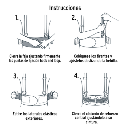 Faja lumbar de poliéster y elastano con tercer cinturón ajustable.