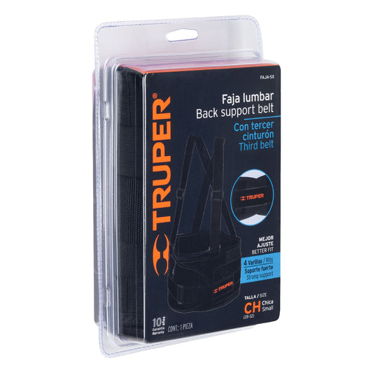 Faja lumbar de poliéster y elastano con tercer cinturón ajustable.