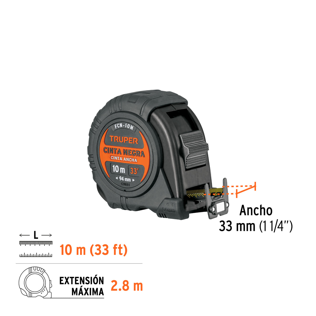 Flexómetro contra impactos 10 m, Cinta Negra 32 mm · vista 3