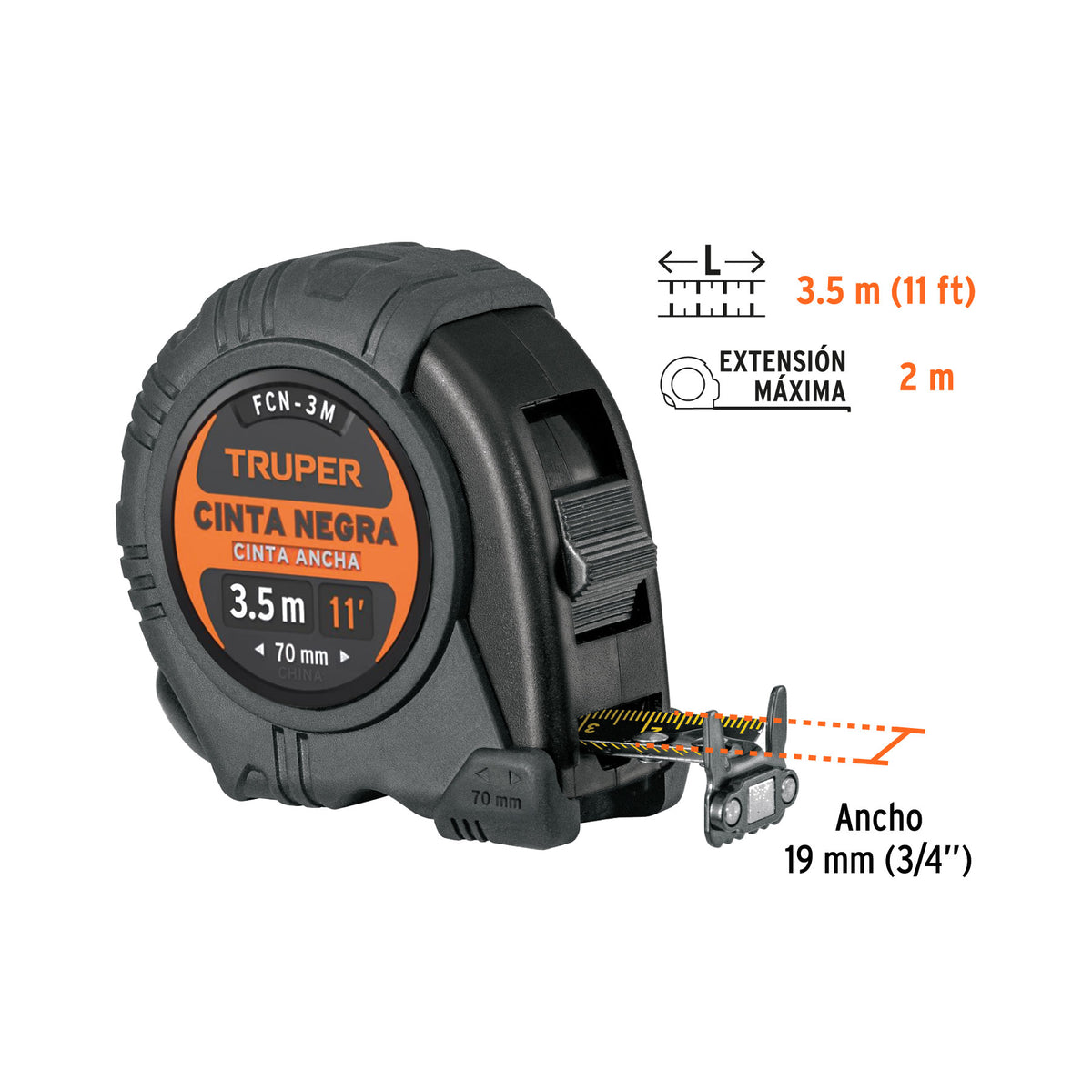 Flexómetro contra impactos 3.5 m, cinta negra 19 mm · vista 3