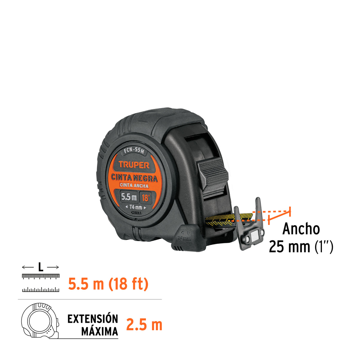 Flexómetro contra impactos 5.5 m, Cinta Negra 25 mm · vista 3