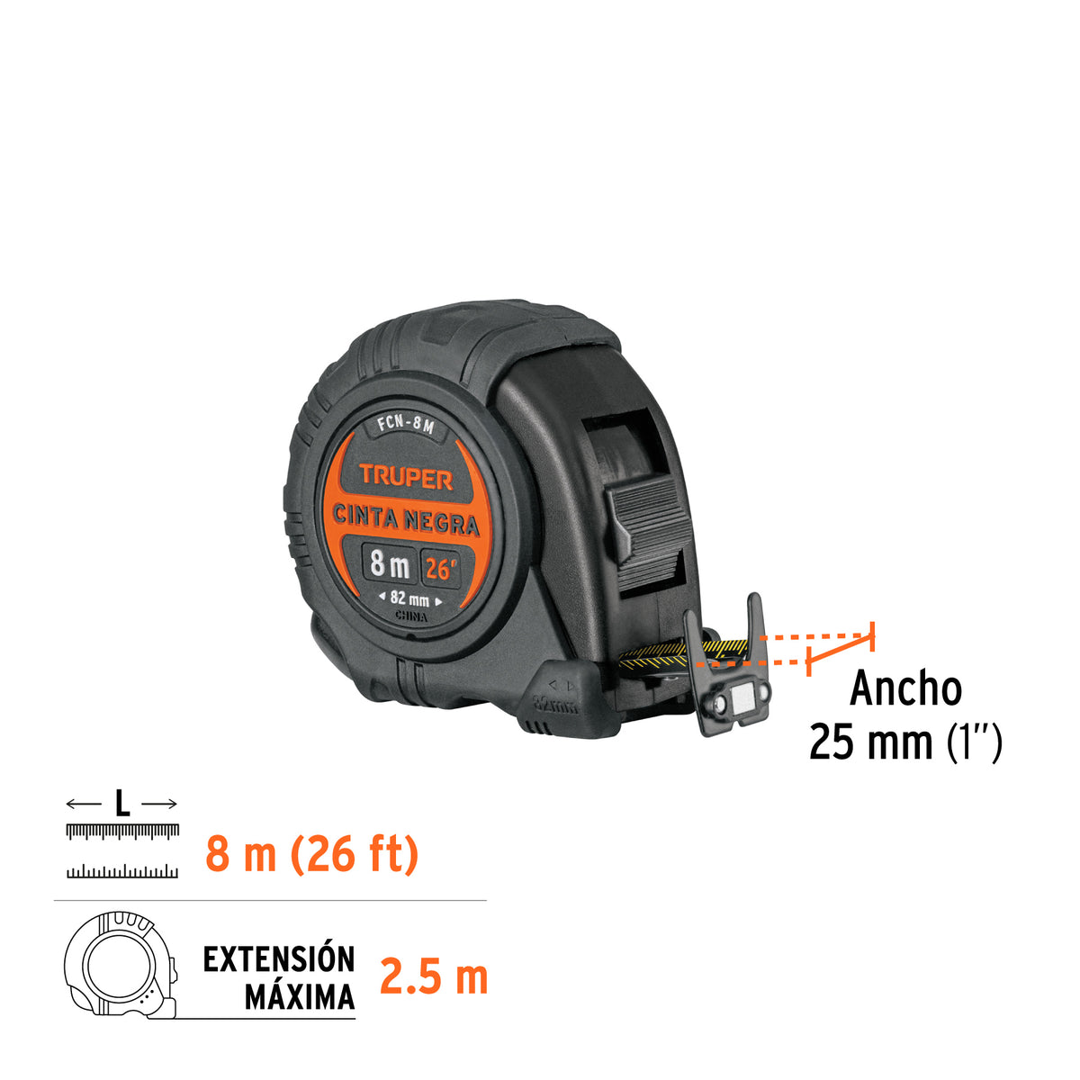 Flexómetro contra impactos 8 m, Cinta Negra 25 mm · vista 3