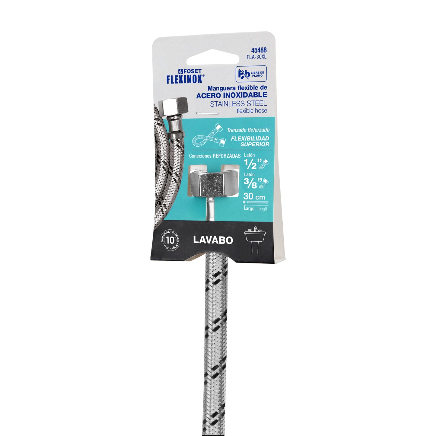 Manguera para lavabo o fregadero de 30 cm con trenzado de acero inoxidable y tuercas metálicas