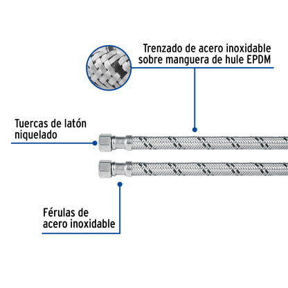 Manguera para lavabo o fregadero de 30 cm con trenzado de acero inoxidable y tuercas metálicas