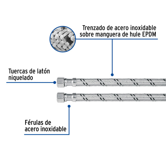 Manguera para lavabo o fregadero de 30 cm con trenzado de acero inoxidable y tuercas metálicas